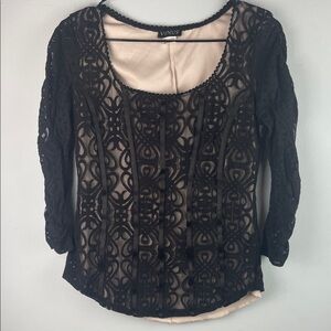 VENUS Black Lace Scoop Neck Blouse with Nude Underlayer Size S